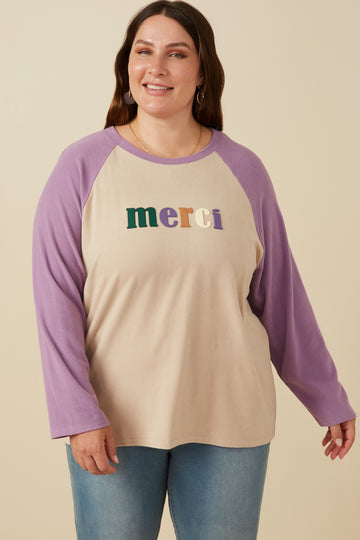 HY7679 Taupe Womens Merci Applique Brushed Color Block Raglan Top Front